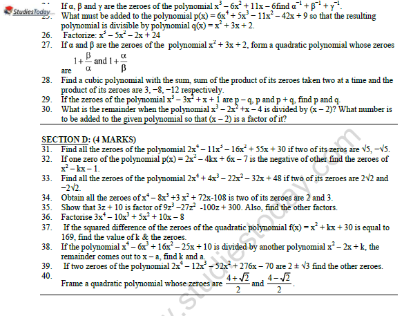 CBSE Class 10 Mathematics Polynomials Worksheet Set A 3
