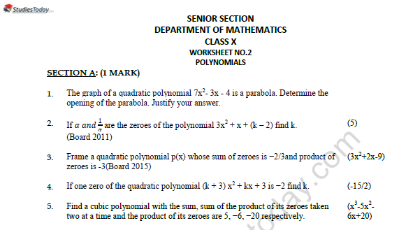 CBSE Class 10 Mathematics Polynomials Worksheet Set B 1