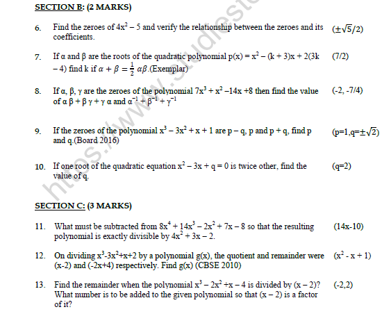 CBSE Class 10 Mathematics Polynomials Worksheet Set B 2