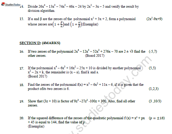 CBSE Class 10 Mathematics Polynomials Worksheet Set B 3