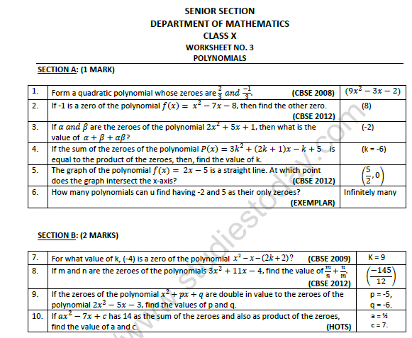 CBSE Class 10 Mathematics Polynomials Worksheet Set C 1