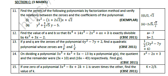 CBSE Class 10 Mathematics Polynomials Worksheet Set C 2