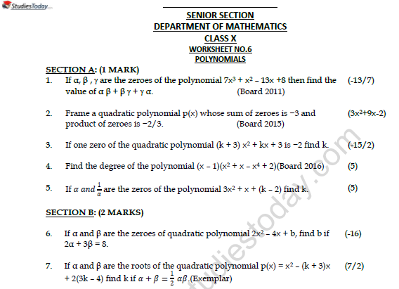 CBSE Class 10 Mathematics Polynomials Worksheet Set D 1