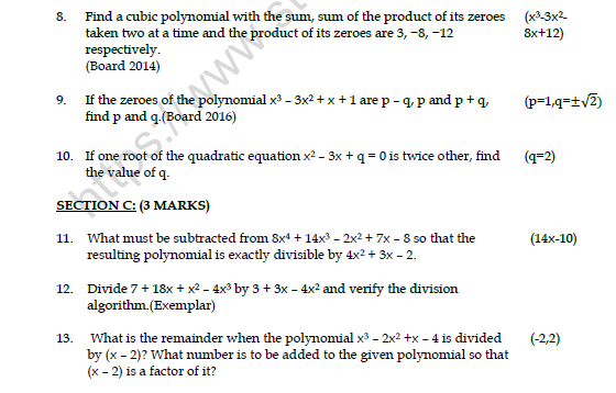 CBSE Class 10 Mathematics Polynomials Worksheet Set D 2