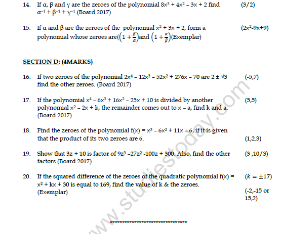CBSE Class 10 Mathematics Polynomials Worksheet Set D 3