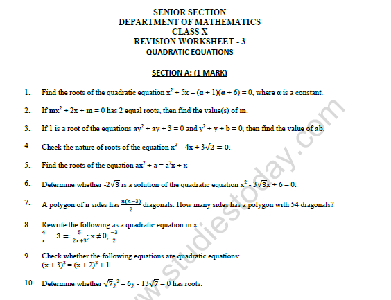 CBSE Class 10 Mathematics Quadratic Equations Worksheet Set A 1