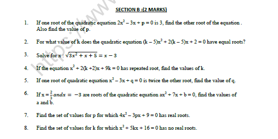 CBSE Class 10 Mathematics Quadratic Equations Worksheet Set A 2