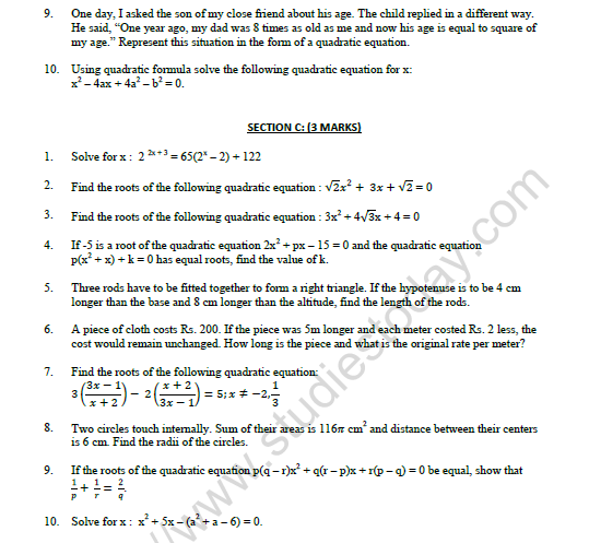 CBSE Class 10 Mathematics Quadratic Equations Worksheet Set A 3