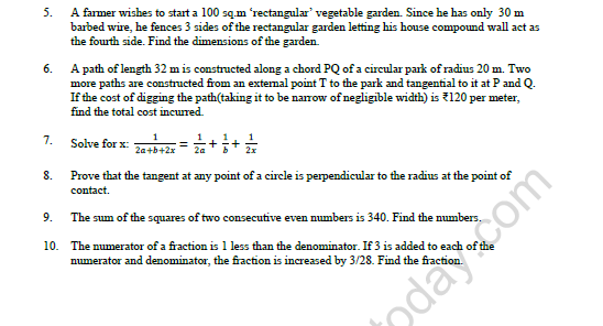 CBSE Class 10 Mathematics Quadratic Equations Worksheet Set A 5