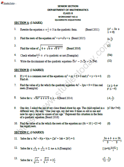 CBSE Class 10 Mathematics Quadratic Equations Worksheet Set C 1