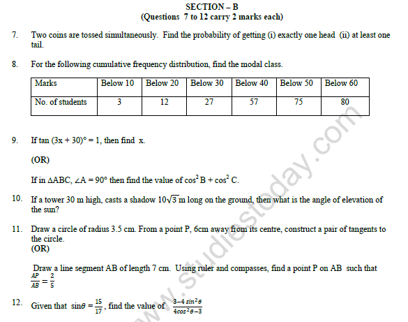CBSE Class 10 Mathematics Question Paper 2022 Set B 2