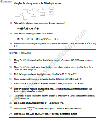 CBSE Class 10 Mathematics Real Numbers Worksheet Set A 2