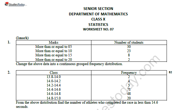 CBSE Class 10 Mathematics Statistics Worksheet Set A 1