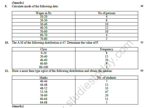 CBSE Class 10 Mathematics Statistics Worksheet Set A 3