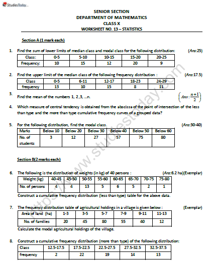 CBSE Class 10 Mathematics Statistics Worksheet Set B 1