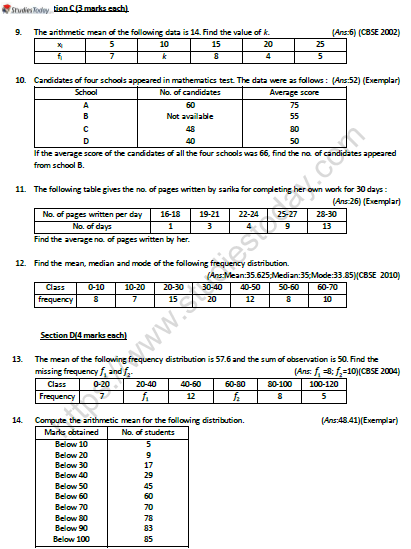 CBSE Class 10 Mathematics Statistics Worksheet Set B 2