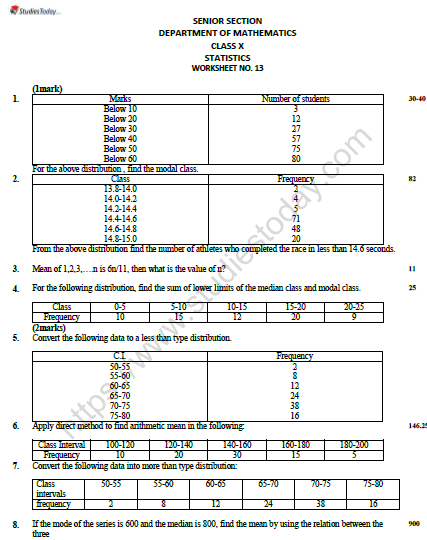 CBSE Class 10 Mathematics Statistics Worksheet Set C 1