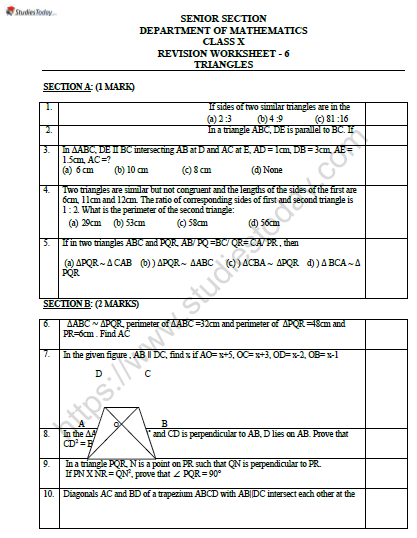 CBSE Class 10 Mathematics Triangles Worksheet Set A 1