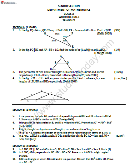 CBSE Class 10 Mathematics Triangles Worksheet Set B 1