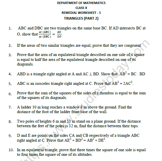 CBSE Class 10 Mathematics Triangles Worksheet Set D