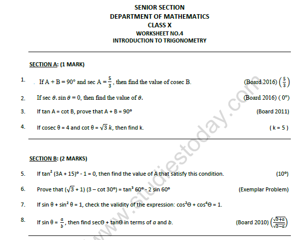 CBSE Class 10 Mathematics Trignometry Printable Worksheet Set B 1