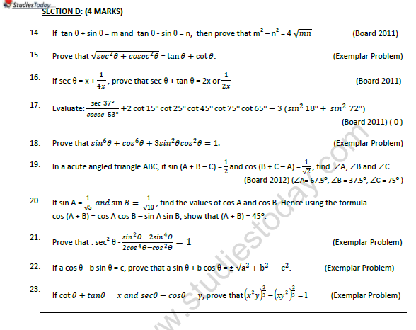 CBSE Class 10 Mathematics Trignometry Printable Worksheet Set B 3