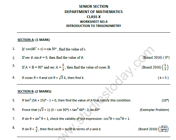CBSE Class 10 Mathematics Trignometry Printable Worksheet Set C 1