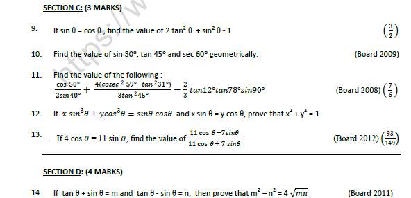 CBSE Class 10 Mathematics Trignometry Printable Worksheet Set C 2