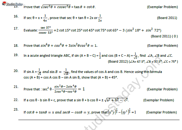 CBSE Class 10 Mathematics Trignometry Printable Worksheet Set C 3