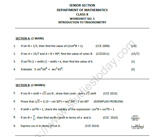 CBSE Class 10 Mathematics Trignometry Printable Worksheet Set D 1