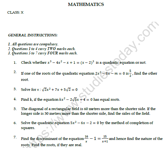 CBSE Class 10 Mathematics Worksheet Set B Solved 1