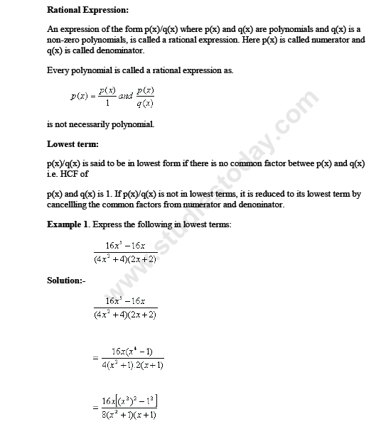 CBSE Class 10 Maths Rational Expression