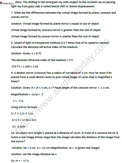 CBSE Class 10 Physics Reflection and Refraction of Light Worksheet Set A Solved 2
