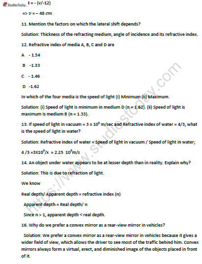 CBSE Class 10 Physics Reflection and Refraction of Light Worksheet Set A Solved 3