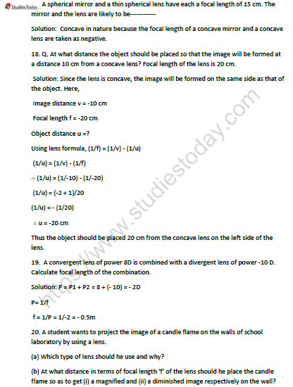 CBSE Class 10 Physics Reflection and Refraction of Light Worksheet Set A Solved 4