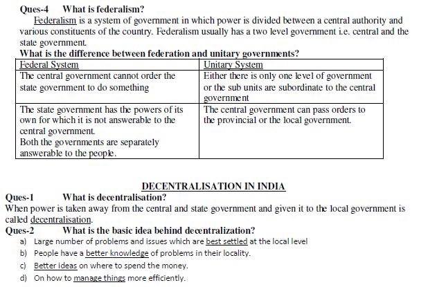 CBSE Class 10 Political Science Federalism