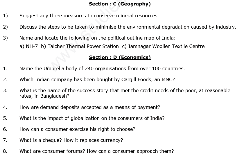 CBSE Class 10 Social Science Revision Assignment Set A