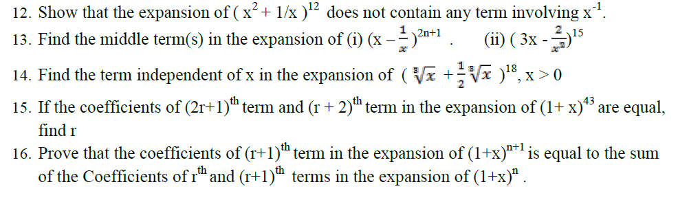 CBSE Class 11 Mathematics Binomial Theorem Assignment Set A