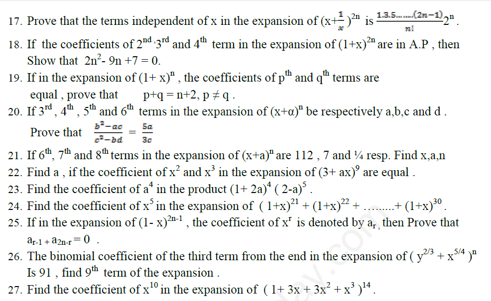 CBSE Class 11 Mathematics Binomial Theorem Assignment Set A