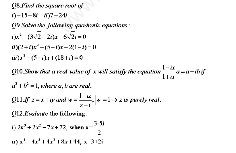 CBSE Class 11 Mathematics Complex Numbers and Quadratic Equations Assignment Set A