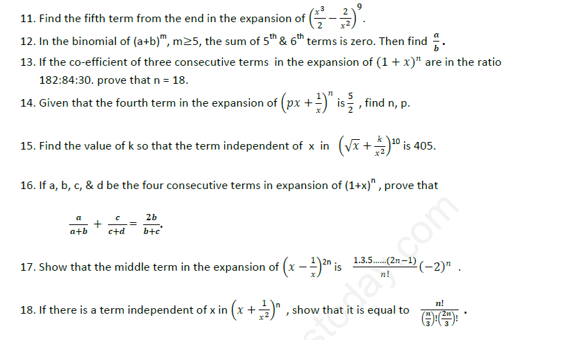  CBSE Class 11 Mathematics Binomial Theorem Assignment Set B