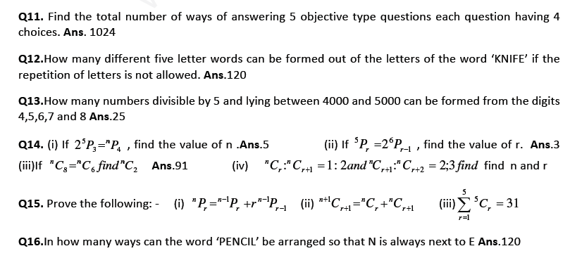 CBSE Class 11 Mathematics Permutations and Combinations Assignment Set A