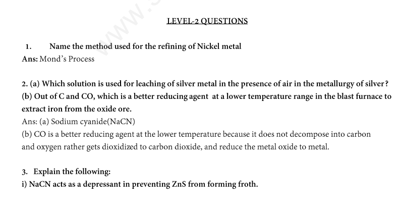 CBSE Class 12 Chemistry - General Principles _ Process of Isolation of Elements Assignment