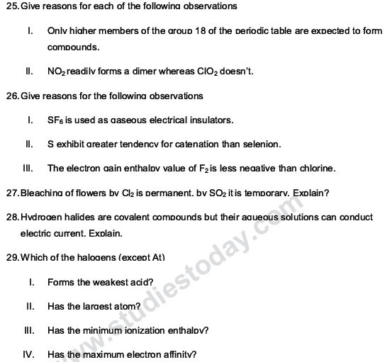 CBSE Class 12 Chemistry notes and questions for The p block Elements Part A