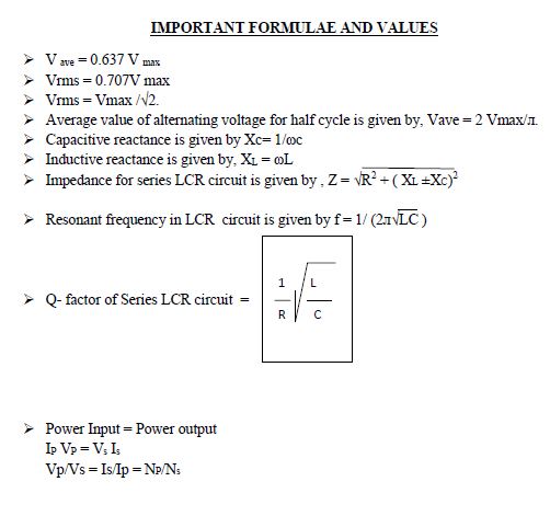 CBSE Class 12 Physics Formulae EMI and AC