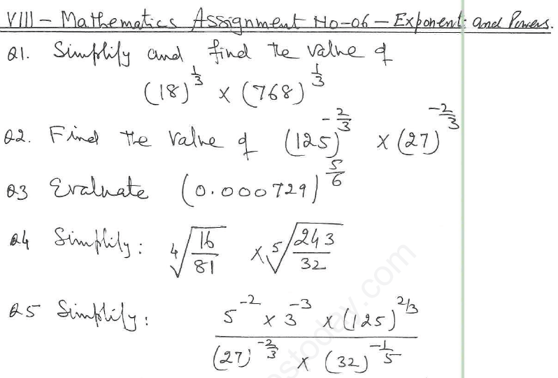 CBSE Class 8 Exponents and Powers Assignment 9