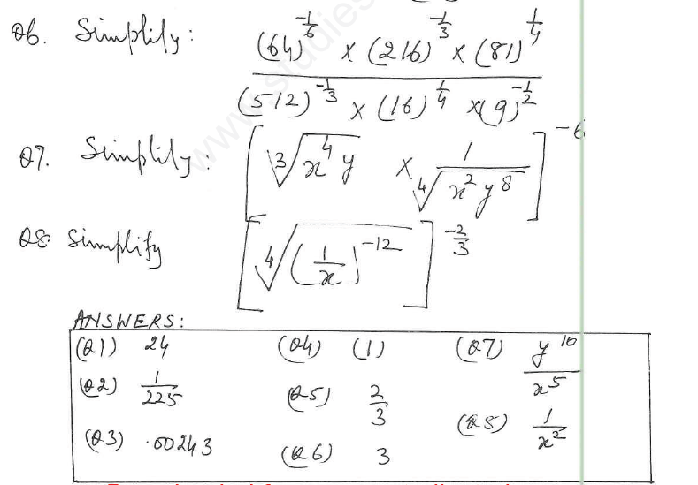 CBSE Class 8 Exponents and Powers Assignment 9