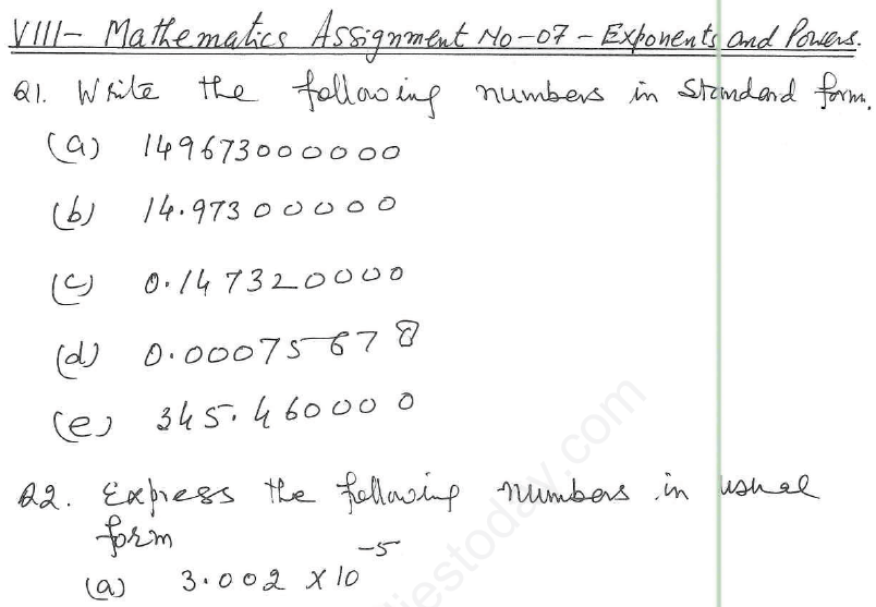 CBSE Class 8 Exponents and Powers Assignments 10
