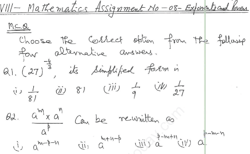 CBSE Class 8 Exponents and Powers Assignments 11