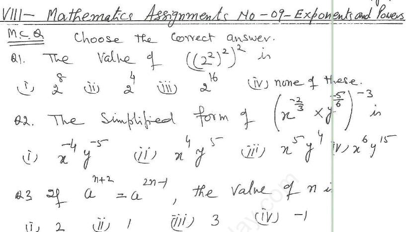 CBSE Class 8 Exponents and Powers Assignments 12
